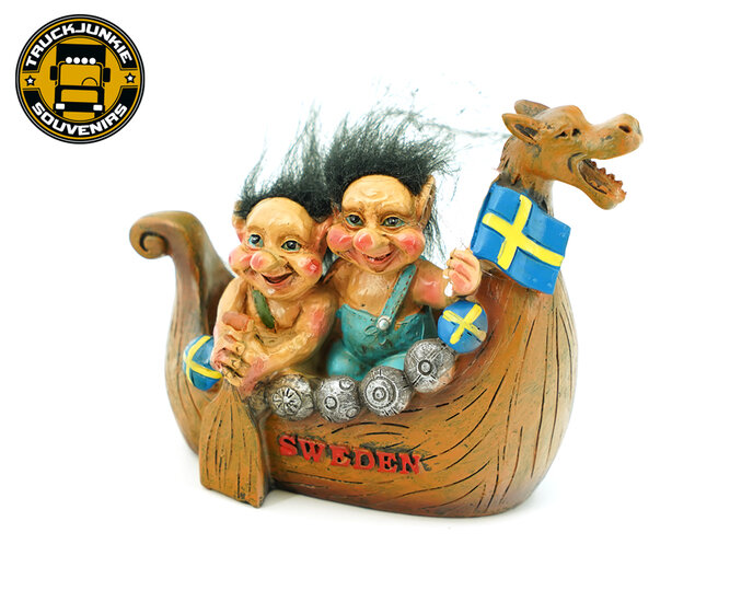 TWO TROLLS IN VIKINGSHIP - SWEDEN - 14CM