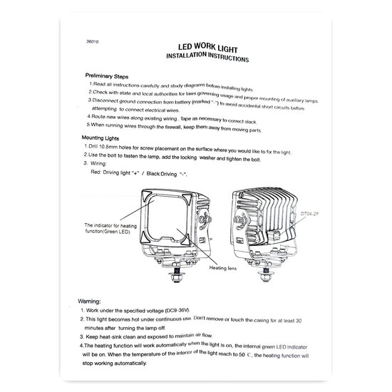 LEDSON BLAZE WORK LIGHT 43W (GLASS WITH HEATING, TIR REFLECTORS) INSTRUCTIONS